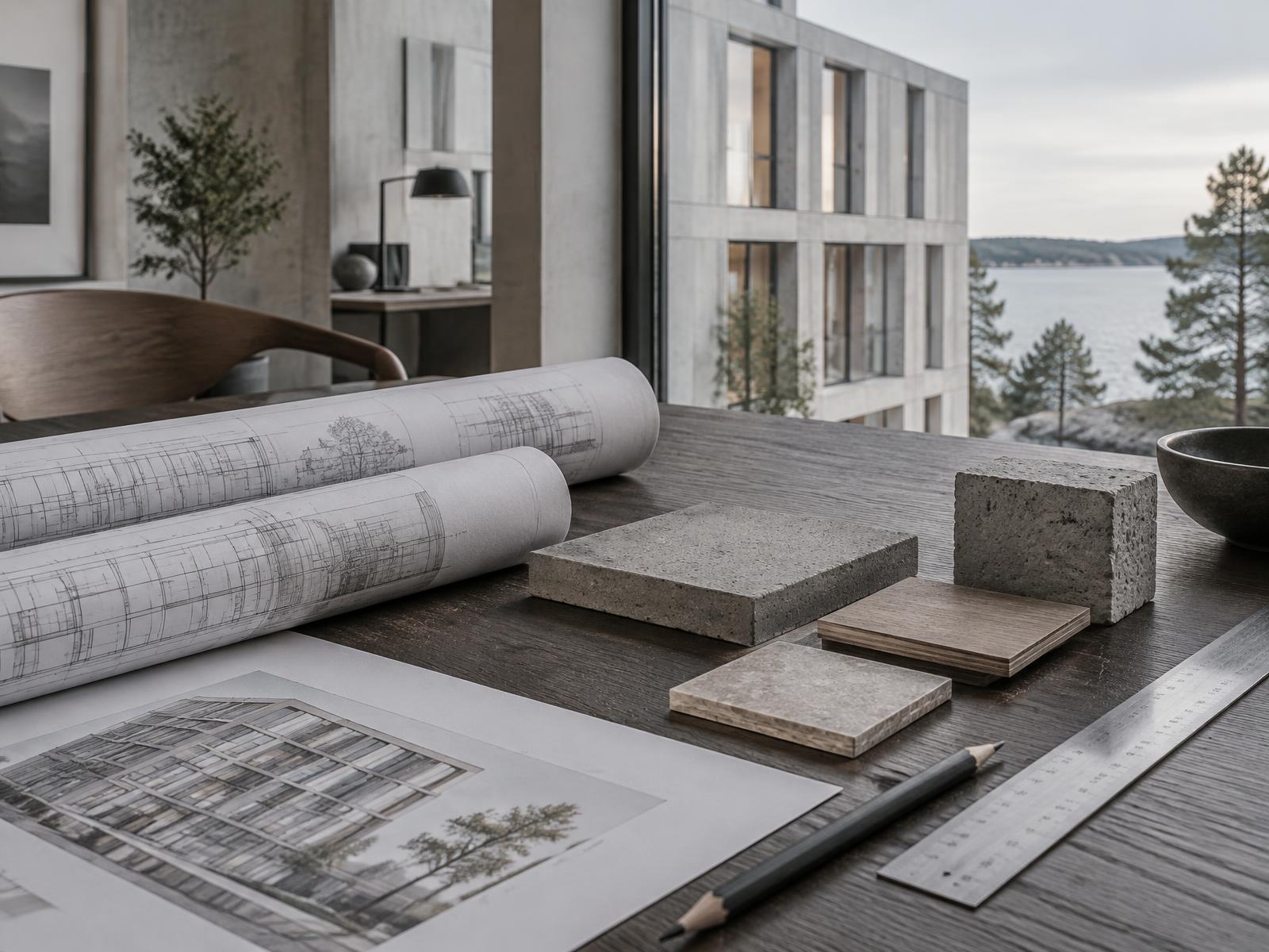 Ritningar och materialprover i en arkitektonisk miljö